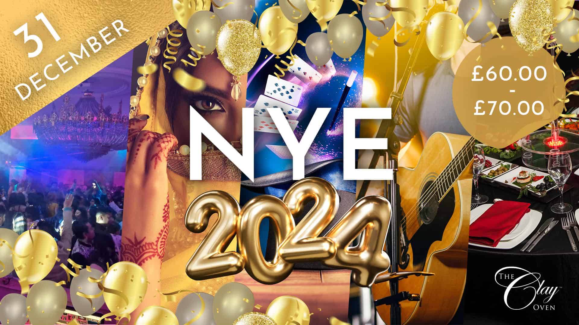 The NYE 2024 flyer with balloons and confetti.