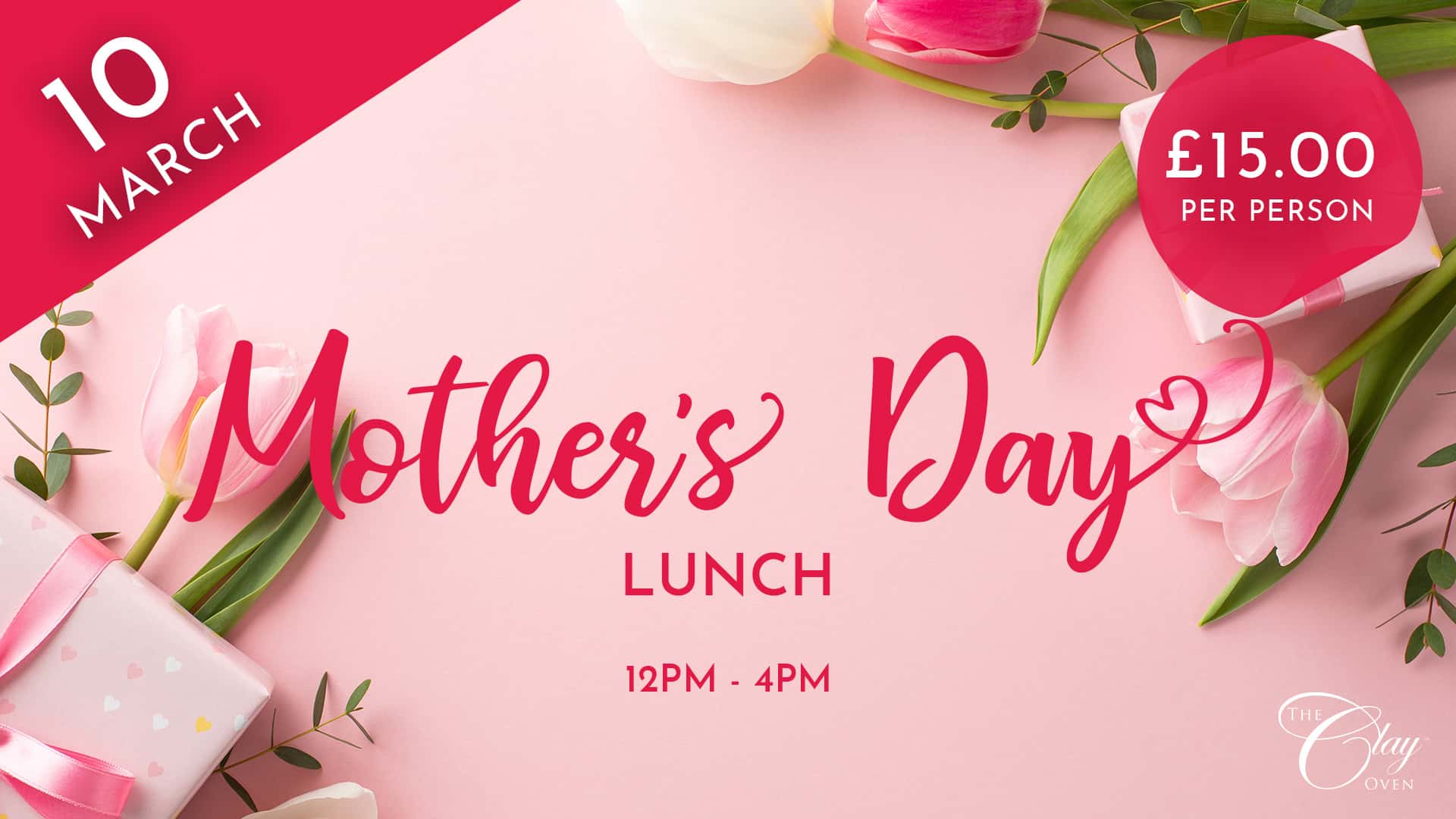 A pink background with flowers and a special Mother's Day meal.
