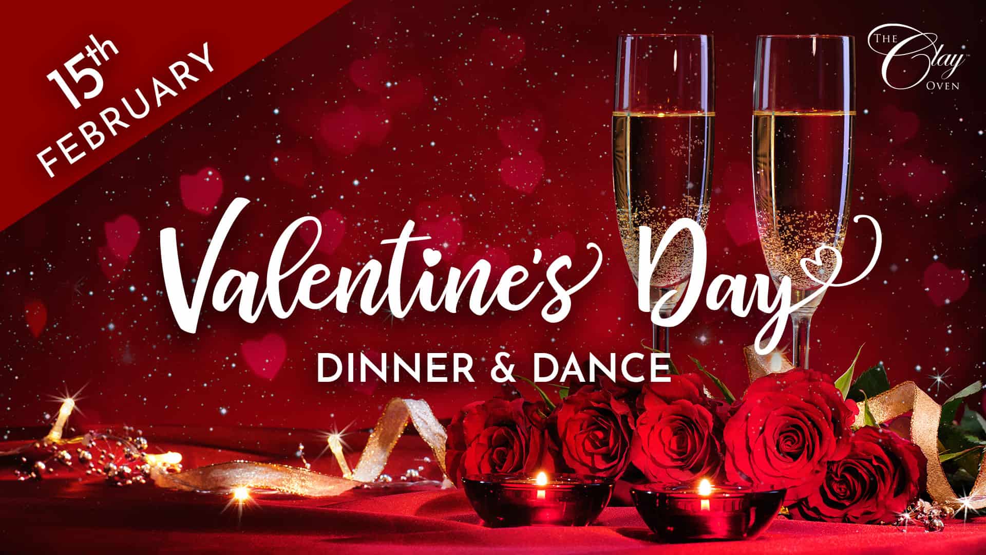A romantic setting with two champagne flutes, red roses, and heart-shaped candles on a red background. Text reads "Valentine's Dinner & Dance Menu." Sparkling lights and gold ribbons enhance the festive atmosphere. The top right corner displays "The Ojay Oven" logo.